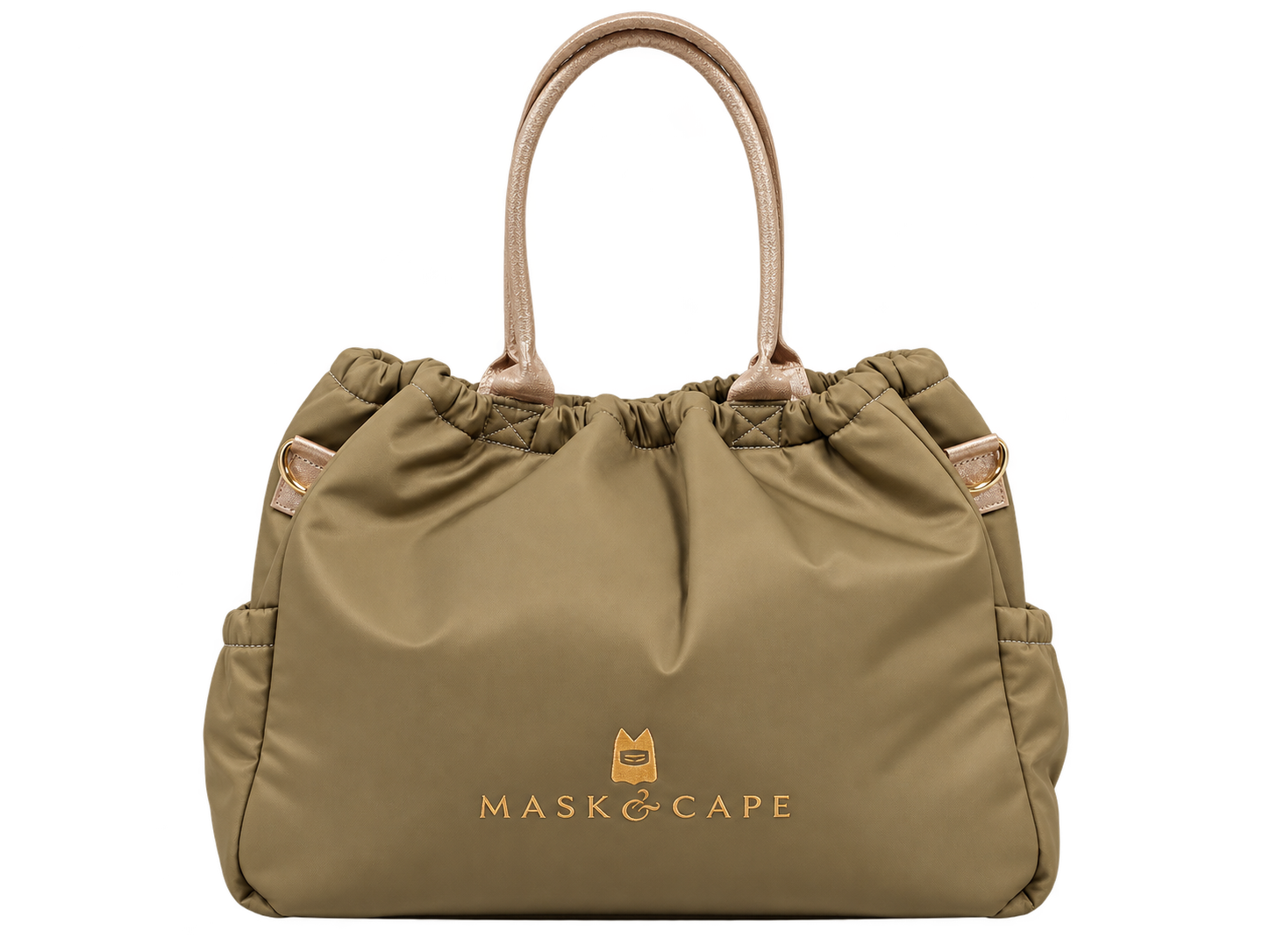 Olive Shift Tote front with gold Mask & Cape logo, handmade in Bataan, Philippines