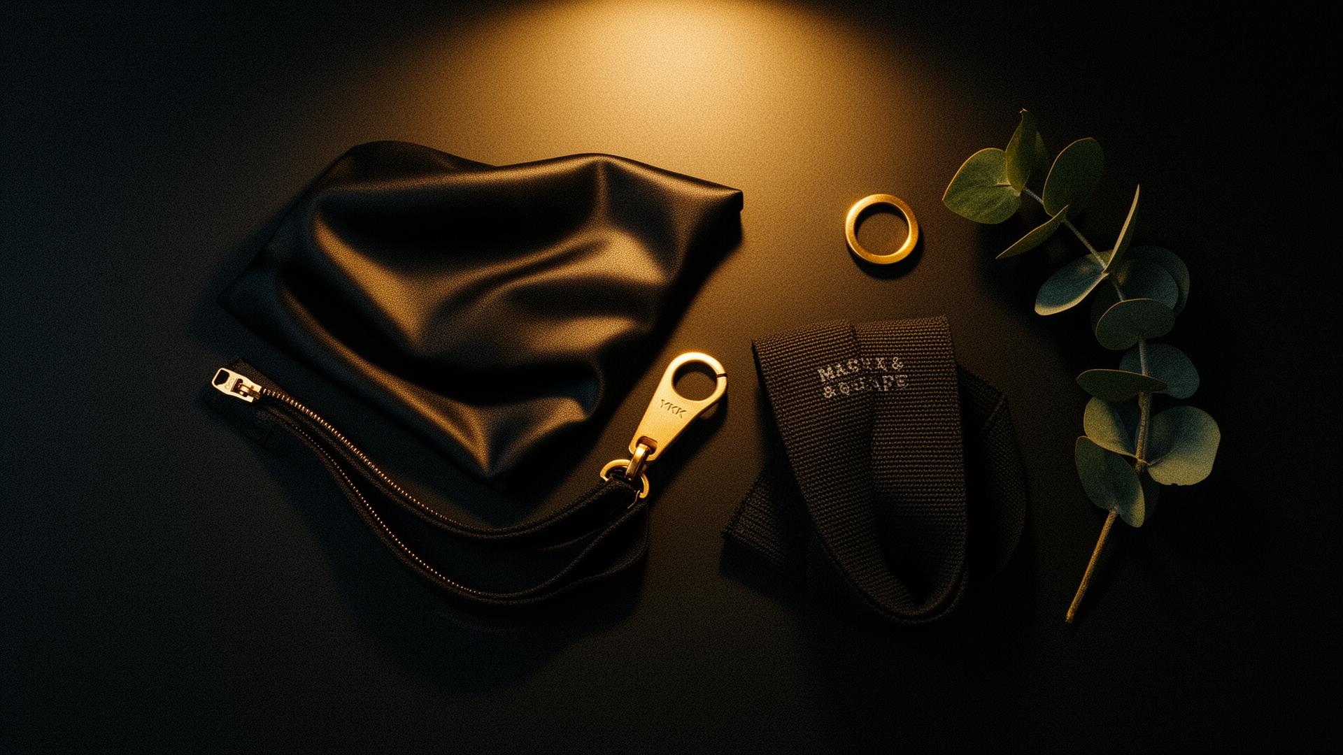 Material flat lay — fabrics and brushed gold hardware